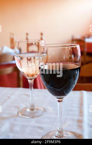 Glass of red wine and glass of water. Close view. Stock Photo