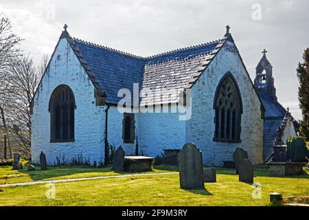 St Digain’s Church in Llangernyw, North Wales, has a nave thought to be late medieval or Tudor but much of it was rebuilt in the 19th century. Stock Photo