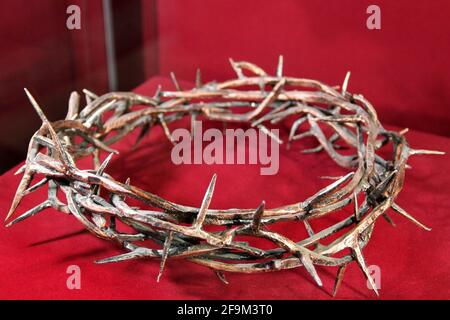 A thorny wreath on a red background Stock Photo