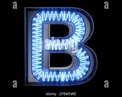Light bulb glowing letter alphabet character B font. Front view illuminated capital symbol on black background. 3d rendering illustration Stock Photo