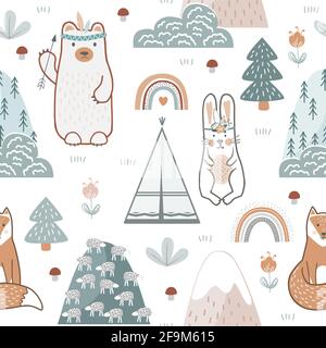 Seamless pattern with cute forest animals, flowers, and trees. Childish print for nursery background in a Scandinavian style for baby clothes or Stock Vector