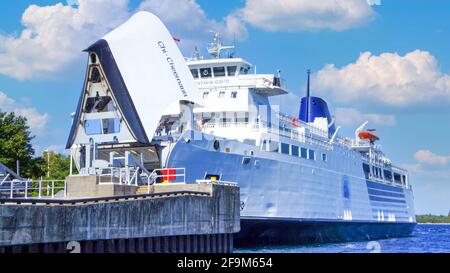 Tobermory, Ontario, Canada-1 July, 2020: The Chi-Cheemaun passenger and vehicle ferry that provides transportation to and from Manitoulin Island to Tobermory Stock Photo