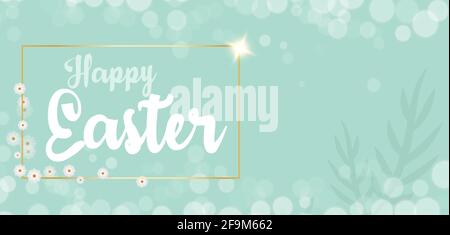 Easter greeting card. Background with spring flowers and tree branches in light pastel turquoise color. Festive design for greeting cards. Stock Vector