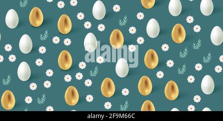 Seamless Easter background with white and golden eggs, flowers, and tree branches. Flat lay repeating festive background for greeting cards. Stock Vector