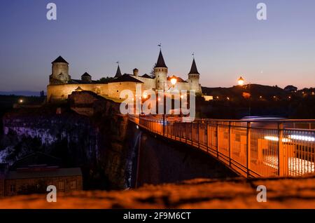 Kamianets-Podilskyi city, Ukraine -22 July, 2020. Night view on Old Kamianets-Podilskyi Castle Stock Photo