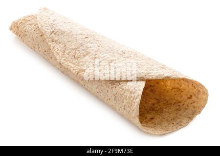 Rolled up plain spelt and oat tortilla wrap isolated on white. Stock Photo