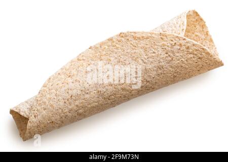 Rolled up plain spelt and oat tortilla wrap isolated on white. Top view. Stock Photo