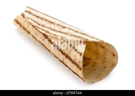 Rolled up plain tortilla wrap with grill marks isolated on white. Stock Photo