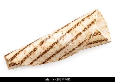 Rolled up plain tortilla wrap with grill marks isolated on white. Top view Stock Photo