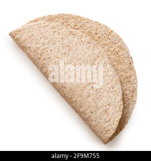 Folded plain spelt and oat tortilla wrap isolated on white. Top view. Stock Photo