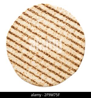 Single plain tortilla wrap with grill marks isolated on white. Top view. Stock Photo