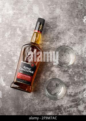 Assam, india - April 18, 2021 : Royal challenge whisky bottle stock image. Stock Photo