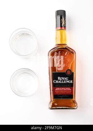 Assam, india - April 18, 2021 : Royal challenge whisky bottle stock image. Stock Photo