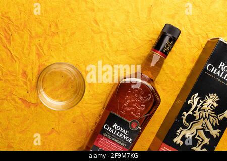 Assam, india - April 18, 2021 : Royal challenge whisky bottle stock image. Stock Photo