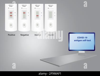 Infographics showing 3d gray desk with PC screen ready for your text. Result variants of rapid covid-19 tests concept in the background. Stock Vector