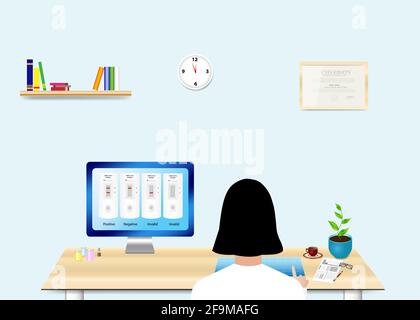 The woman is looking at results of coronavirus tests sitting in the office. Stock Vector