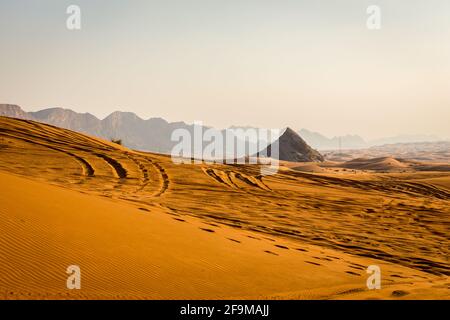 Golden desert dunes with rocky Jebel Al Fayah mountains in the background, footsteps and 4x4 tire tracks on sand, Fossil Rock, United Arab Emirates. Stock Photo
