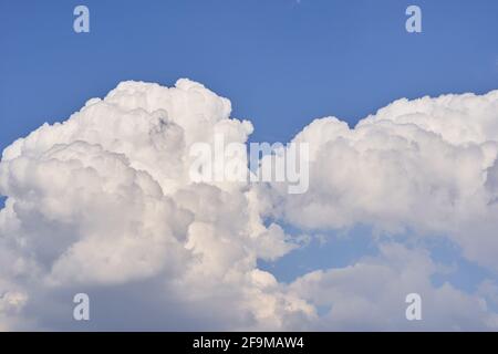 Big white fluffy cumulonimbus clouds floating on blue sky on bright sunny day. Stock Photo