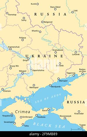 Eastern Ukraine political map. The Crimea, a peninsula on the coast of Black Sea, and the Donbass, formed by Donetsk and Luhansk region. Stock Photo