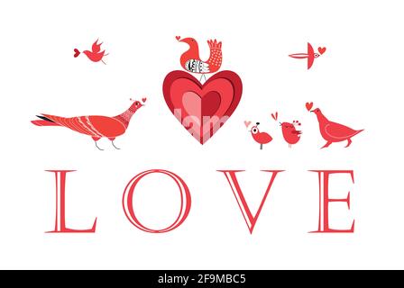 Graphic love birds with hearts on a white background. Example of a valentine card with birds Stock Vector