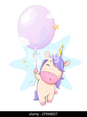 Cute unicorn flying on balloon. Funny magic unicorn cartoon character. Usable for print, invitation and other purposes. Stock vector illustration Stock Vector