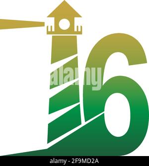 Number 6 with lighthouse icon logo design template vector Stock Vector