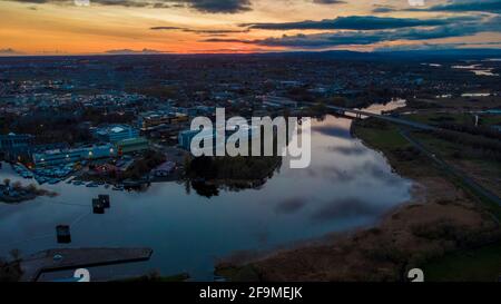 Aerial view of Galway city from Bay, with river Corrib, Claddagh and ...
