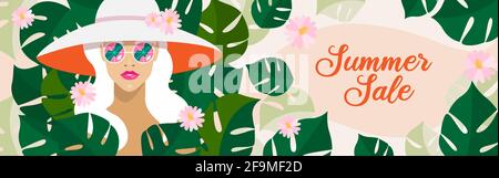 Portrait of blonde woman with long hair and summer wide-brimmed hat. Summer sale long banner concept or flyer in tropical style with palm leaves monst Stock Vector