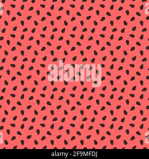Watermelon texture. Seamless pattern with black seeds on red background. Fresh fruit, bright summer print. Vector illustration. Stock Vector