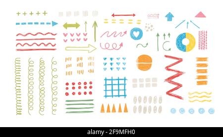 Various sketchy Doodle Arrows, Direction pointers Shapes and Objects. Freehand colorful Lines, curves, dots, spiral. Brush stroke style. Grunge Stock Vector