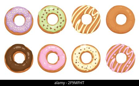 Donuts glazed with colorful sugar and chocolate icing and topped with sprinkles lying isolated on white background. Tasty fried dough confectionery or Stock Vector