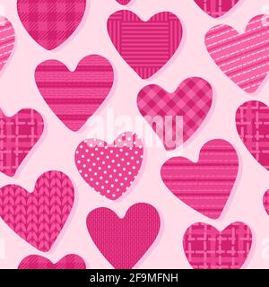 Love seamless pattern with heart. Shape with checkered, polka dots, striped bright color texture. Girly sweet surface design Pink color palette vector Stock Vector