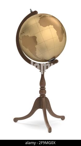 Old wooden world globe isolated on white background. 3D illustration ...