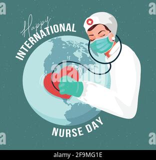 International Nurse Day concept. Nurse with medical uniform and stethoscope and globe vector illustration. The nurse listens to the heart of the world Stock Vector