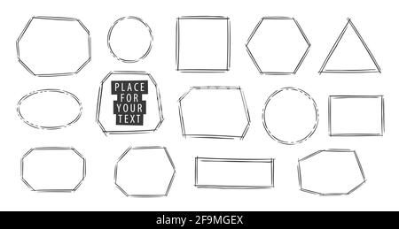 Set of hand drawn frames isolated on white background. Linear graphic sketch vector illustration Stock Vector