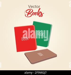 Books with lettering vector illustration, Red Green Brown books at different perespective. Education Concept Flat design style. three colors books vec Stock Vector