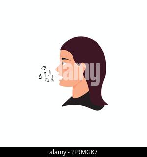 woman singing vector on white background. symbol or vector of female head with music notes icon, Flat design illustration, modern vector, woman head f Stock Vector