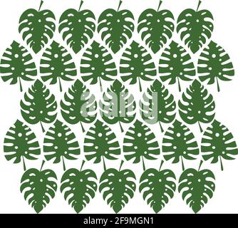 Regularly repeating tropical green leaves pattern. Vector illustration. Background with green leaf ornaments. Silhouette tropical leaves. Fashion, int Stock Vector