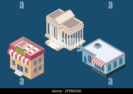 isometric three buildings set icons Stock Vector