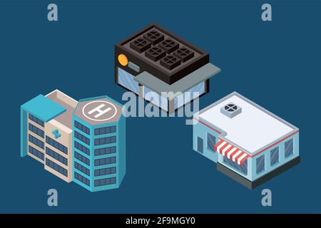three isometric buildings set icons Stock Vector