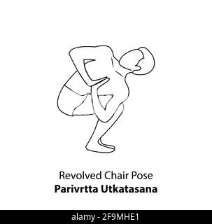 Man practicing yoga pose isolated outline Illustration. Man standing in revolved chair pose or parivrtta utkatasana pose, Yoga Asana line icon Stock Vector