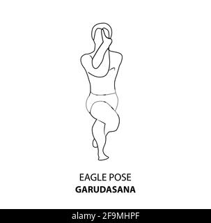 Man practicing yoga line icon. Man doing yoga pose. Man standing in Eagle Pose or Garudasana Pose, outline illustration icon. Yoga Asana linear icon Stock Vector