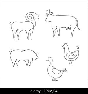 Minimalistic One Line Animals Set. tattoo. Farm animals one line hand drawing, Vector Illustration. Free single line drawing of farm animals, cow, chi Stock Vector