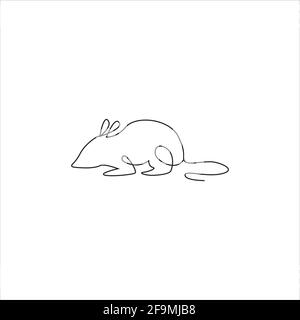 Mouse Line drawing tattoo. Mouse or rat one line hand drawing continuous art print, Vector Illustration. Free single line drawing of rat or mouse. One Stock Vector