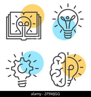 Vector illustrations of set of linear icons with blue and yellow circles symbolizing knowledge and creativity Stock Vector
