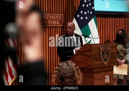 NEW YORK, NY - APRIL 19 : Rodney Harrison, Chief of Department, NYPD attends press conference as New York City Police Department announces the new hate Crime Review Panel composed of community leaders as part of the Police Departents's ongoing efforts to ensure enforcement of hate crimes and justice to its victims. Five distinguished civilian leaders have joined the panel, the “NYPD Hate Crime Review Panel,” including Devorah Halberstam, Executive Director of the Jewish Children's Museum; Fred Teng, President of the America China Public Affairs Institute; Pia Raymond, author, professor and Stock Photo