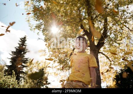 Young boy dressed in yellow playing in leaves in the fall Stock Photo