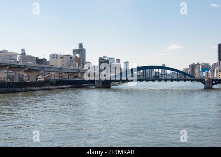 Tokyo, Japan - Sumida River (Sumidagawa) view from Azuma Bridge (Azumabashi) in Asakusa, Taito, Tokyo, Japan. Stock Photo