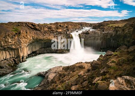 Icelandic summer landscape of the Aldeyjarfoss waterfall in north Iceland. The waterfall is situated in the northern part of the Sprengisandur Road Stock Photo