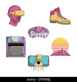 six retrofuturistic art tech icons Stock Vector